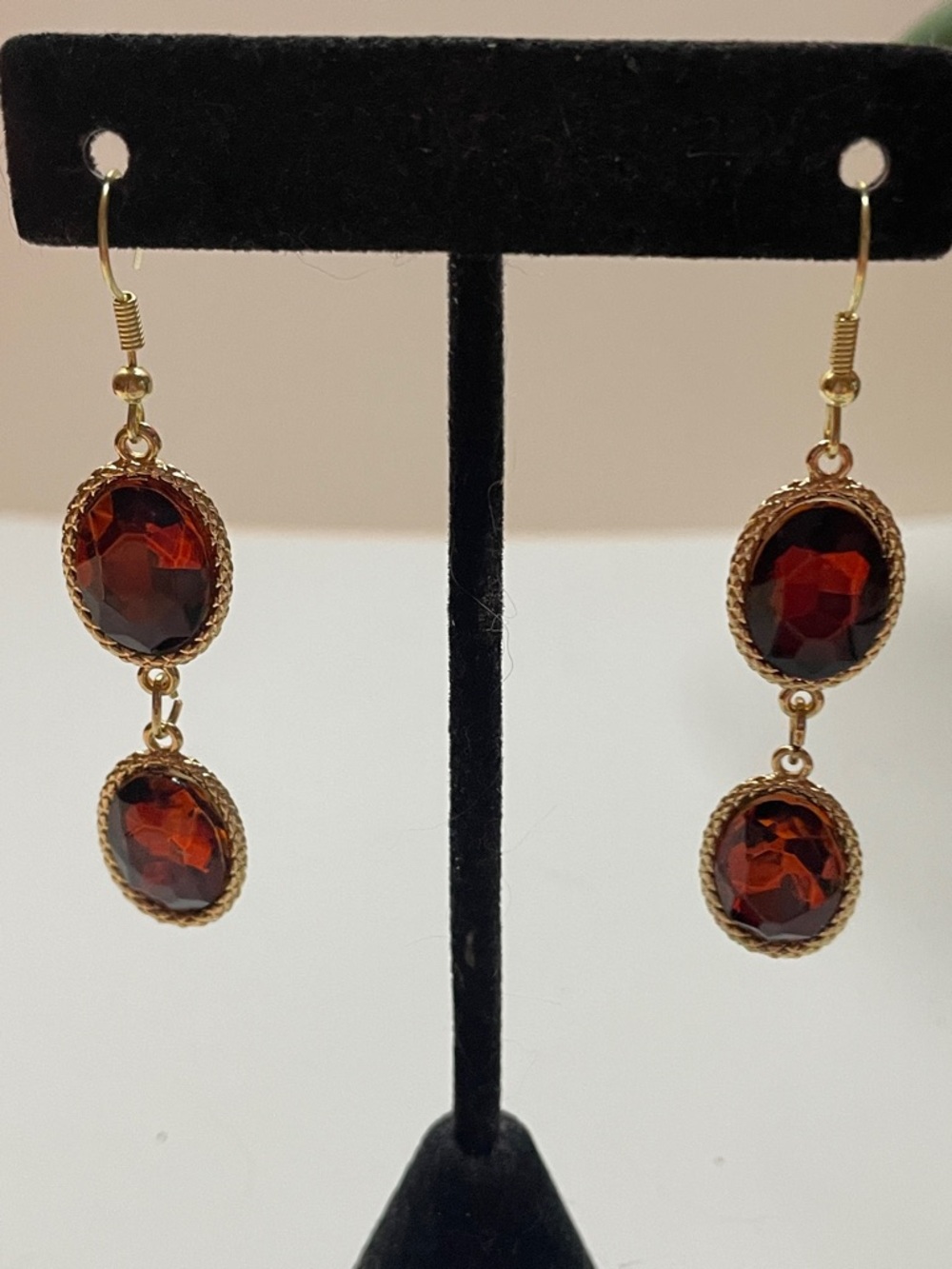 Gold-Tone Garnet Red Double Drop Earrings